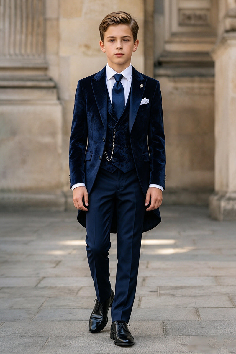 Boys Navy Velvet with Notch Lapel Tailcoat 3-Piece Suit