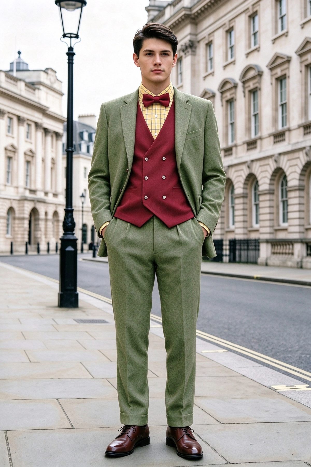 Sage Green & Burgundy Double Breasted Vest 3 Piece Suit Set