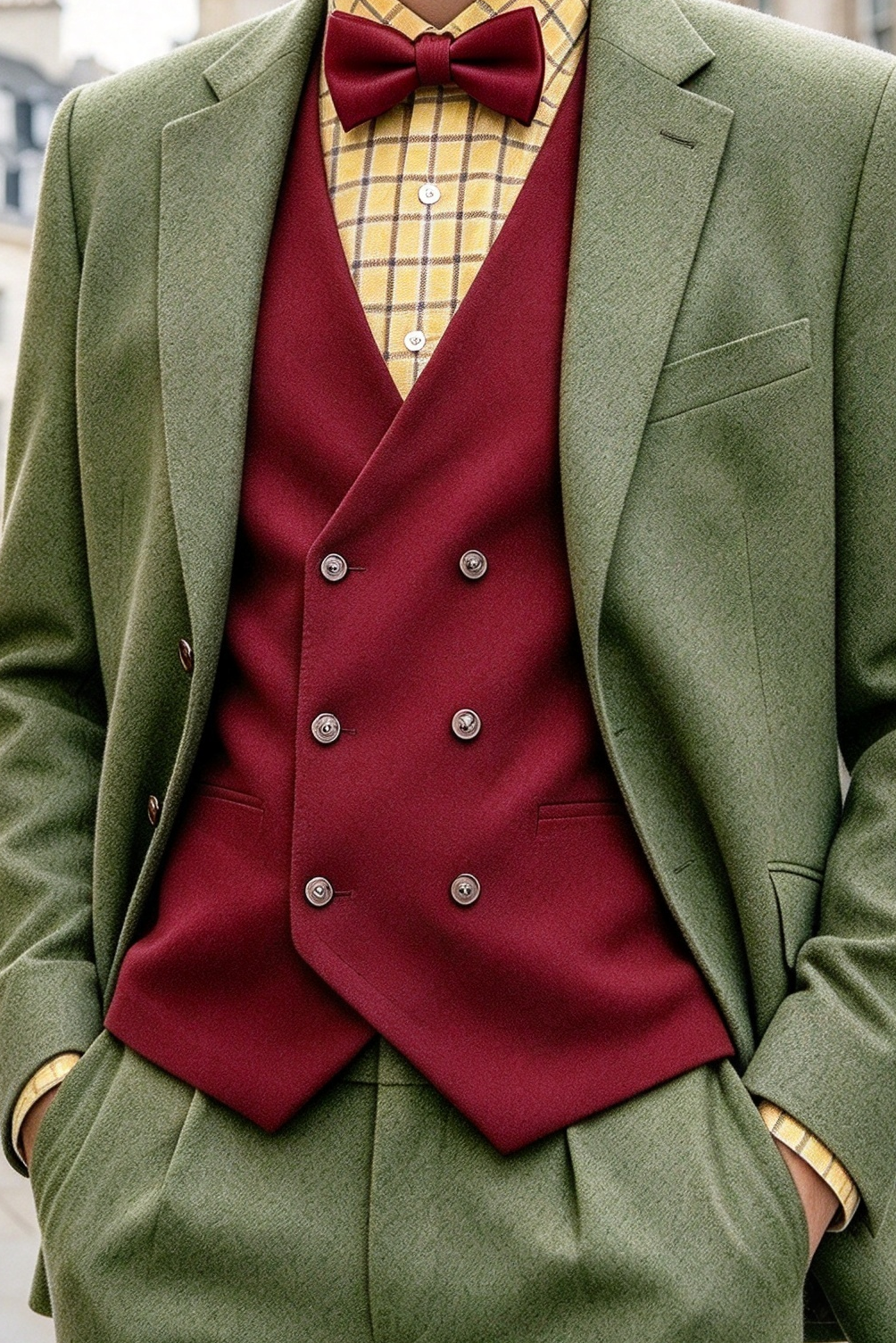 Sage Green & Burgundy Double Breasted Vest 3 Piece Suit Set