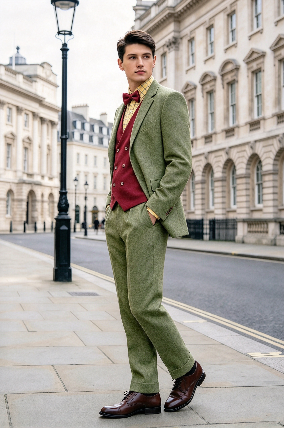 Sage Green & Burgundy Double Breasted Vest 3 Piece Suit Set