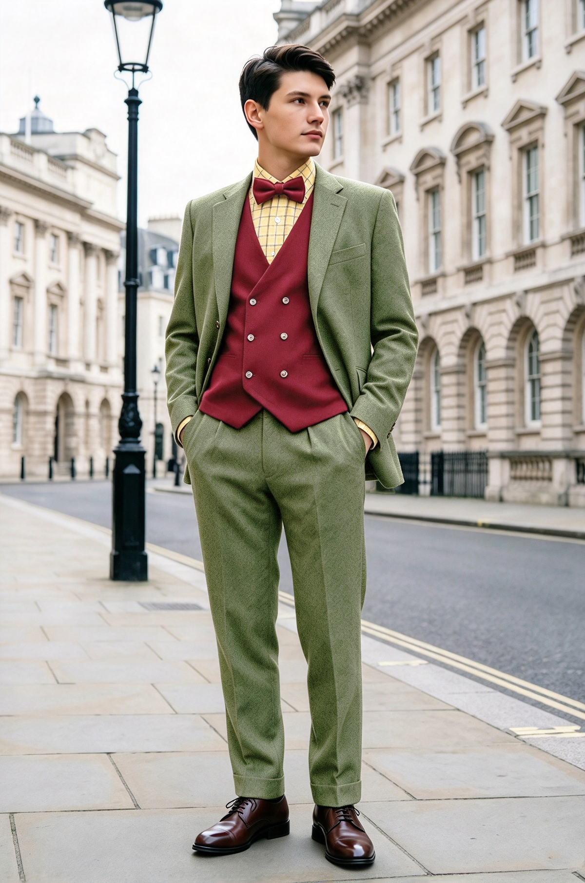 Sage Green & Burgundy Double Breasted Vest 3 Piece Suit Set