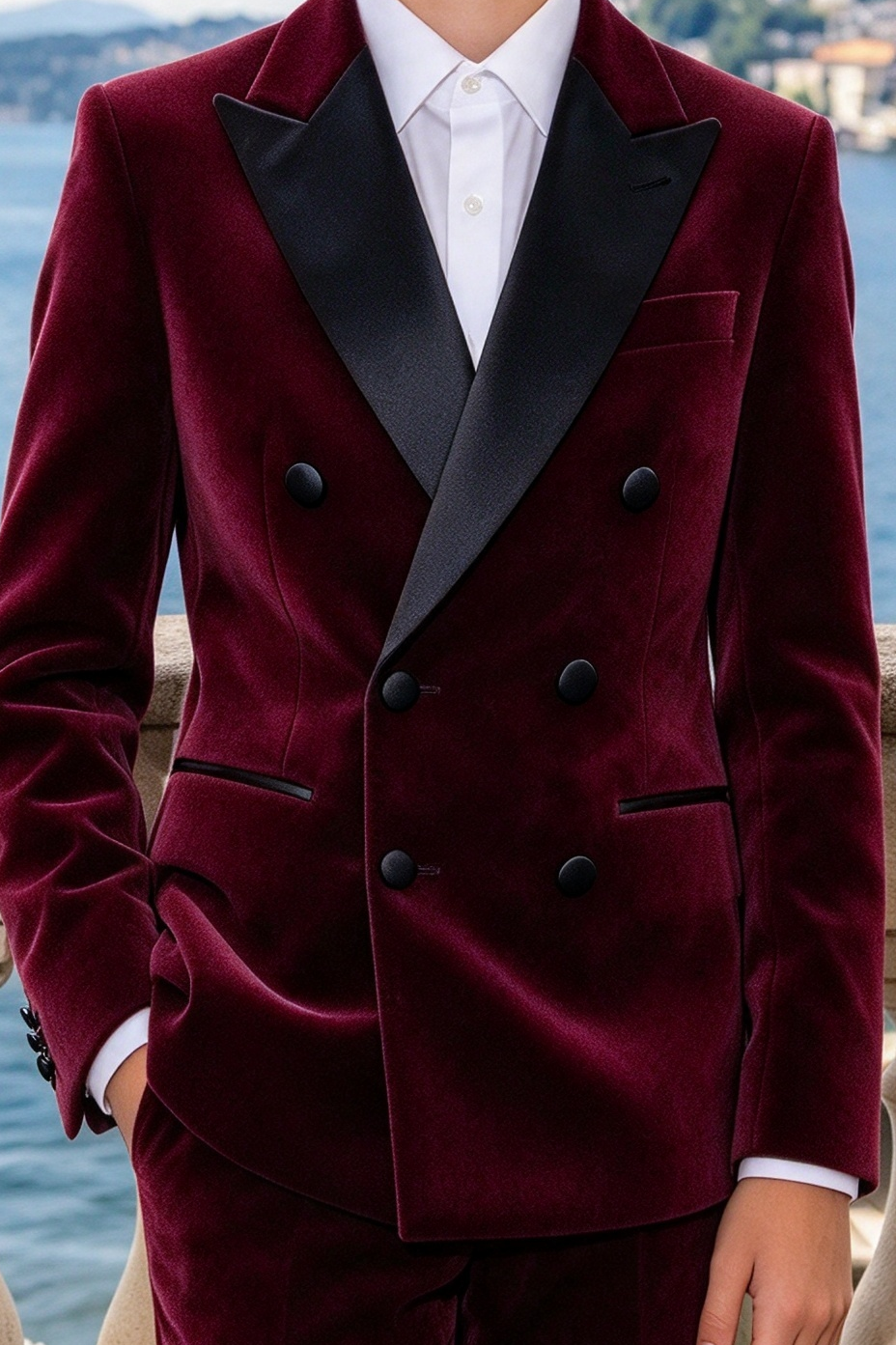 Burgundy & Black Lapel Velvet Double Breasted 2 Piece Suit Set