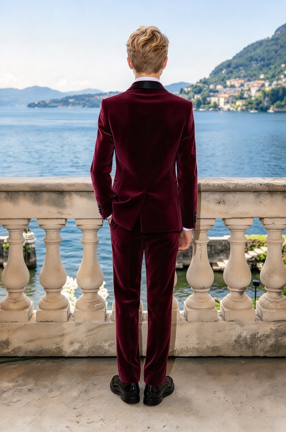 Burgundy & Black Lapel Velvet Double Breasted 2 Piece Suit Set