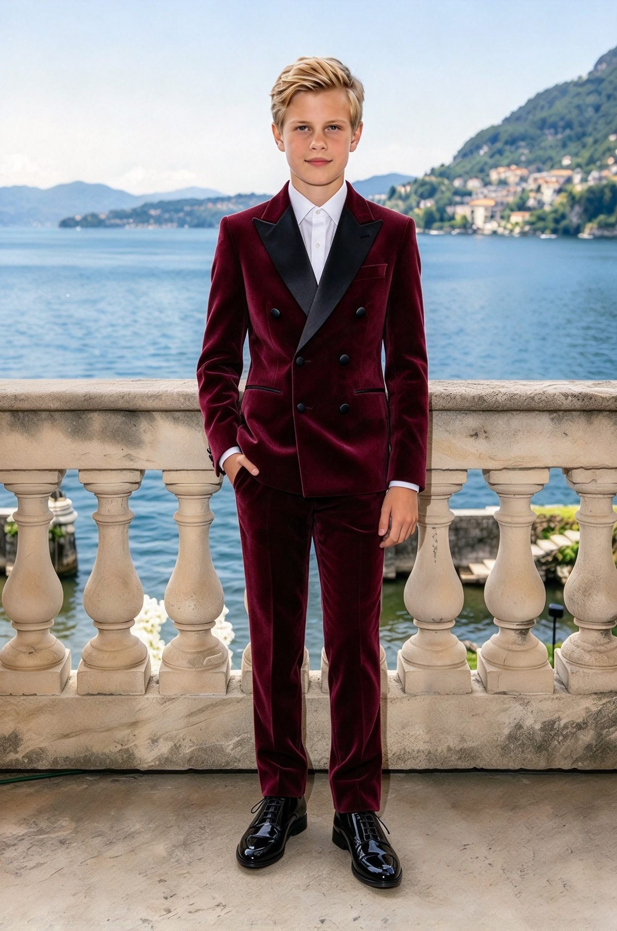 Burgundy & Black Lapel Velvet Double Breasted 2 Piece Suit Set