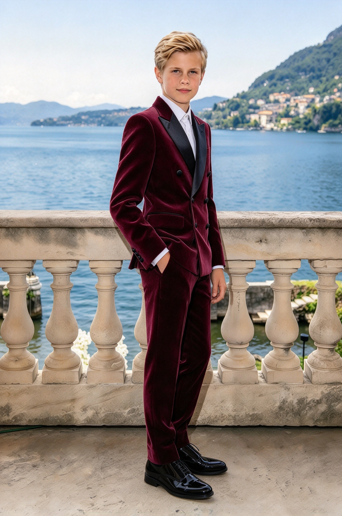 Burgundy & Black Lapel Velvet Double Breasted 2 Piece Suit Set