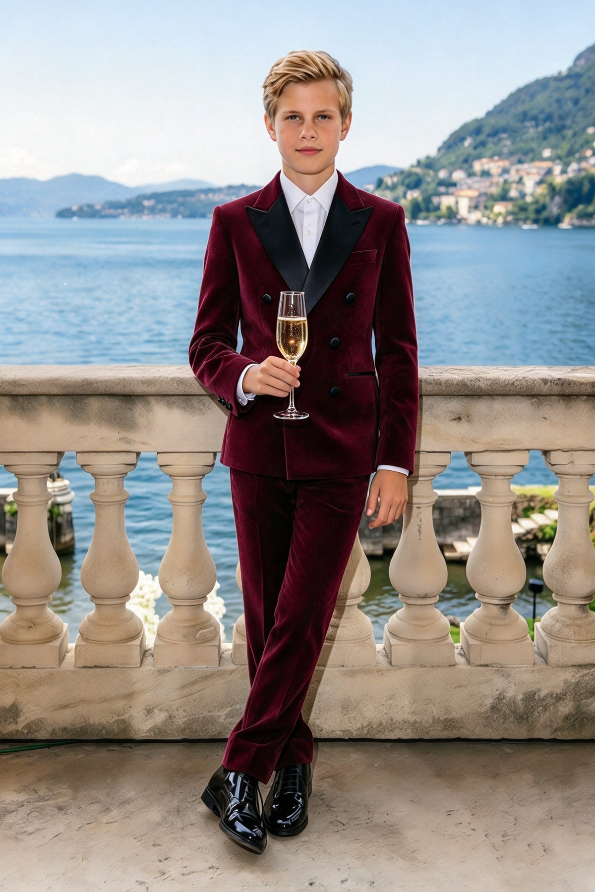 Burgundy & Black Lapel Velvet Double Breasted 2 Piece Suit Set