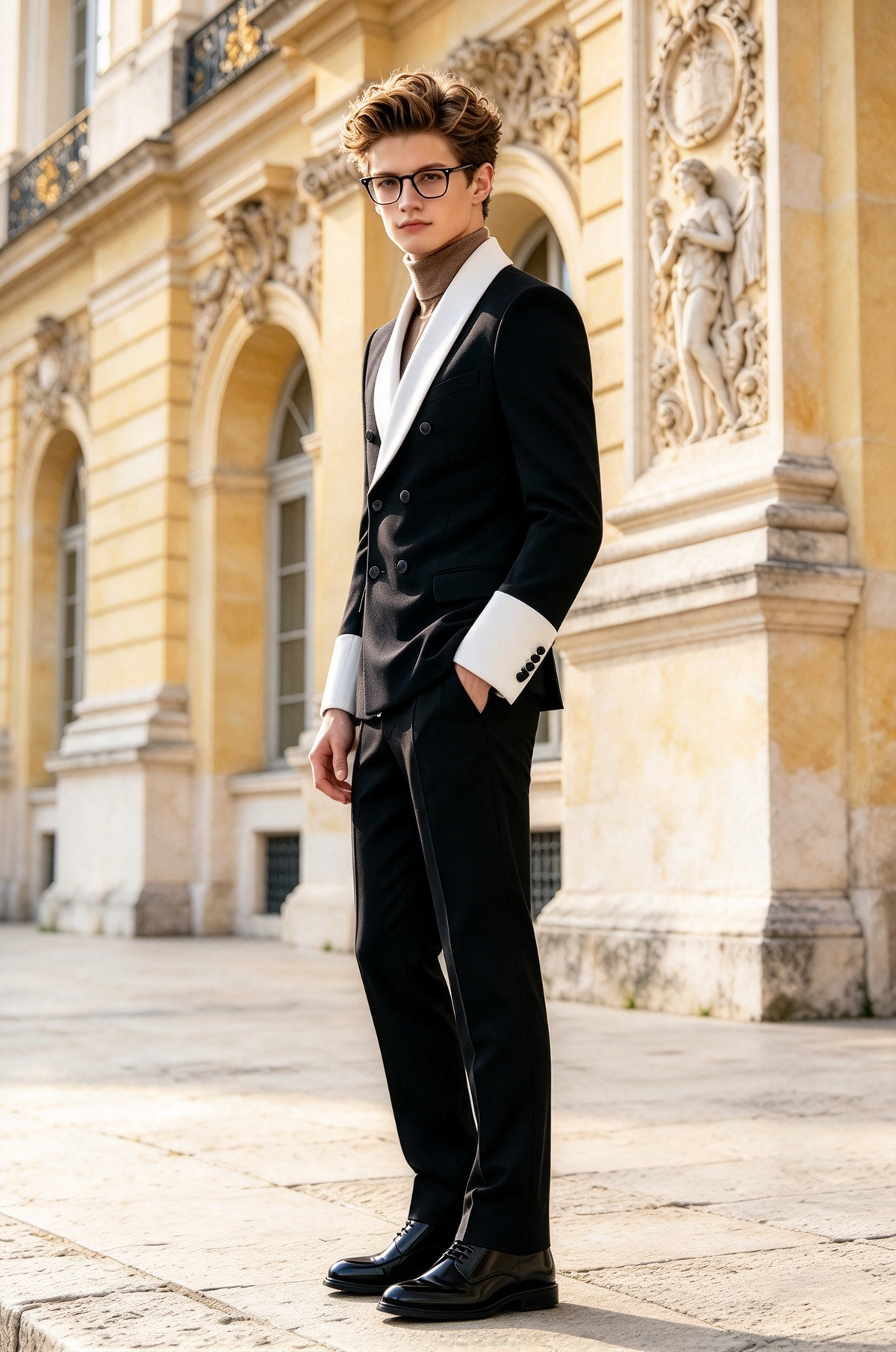 Black & White Contrast Lapel Double Breasted 2 Piece Suit Set