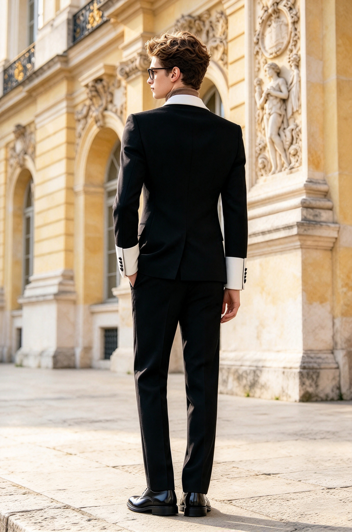 Black & White Contrast Lapel Double Breasted 2 Piece Suit Set