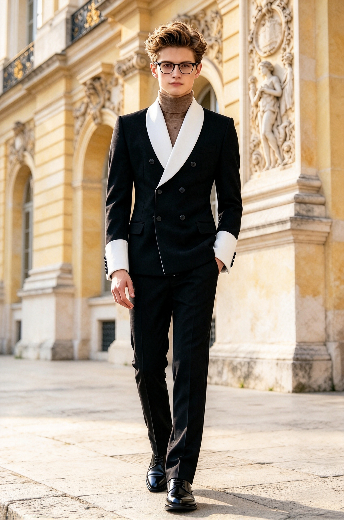 Black & White Contrast Lapel Double Breasted 2 Piece Suit Set