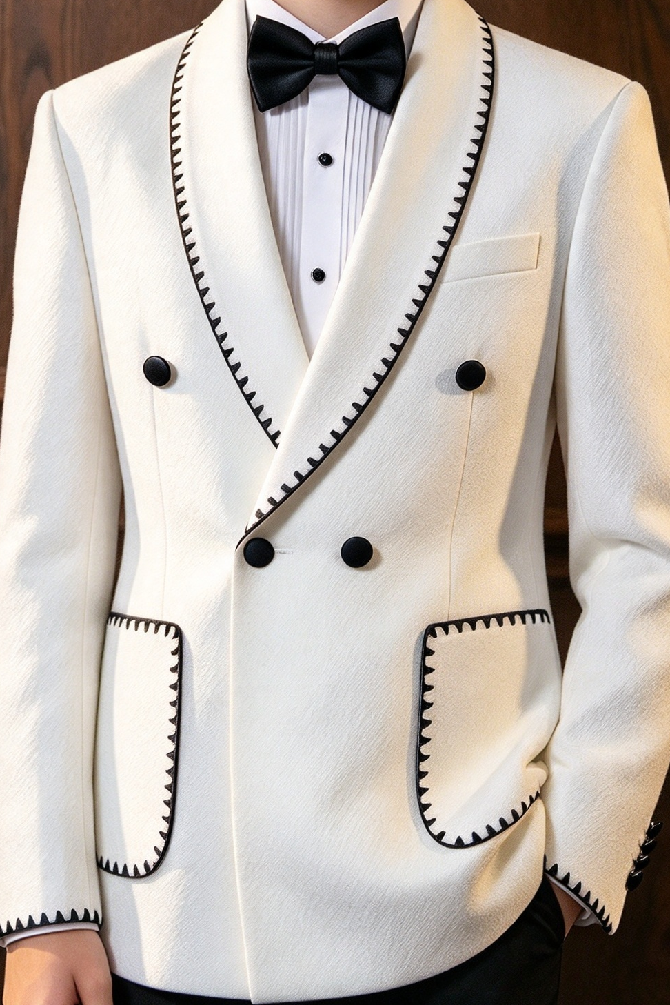 White & Black Trim Double Breasted 2 Piece Suit Set
