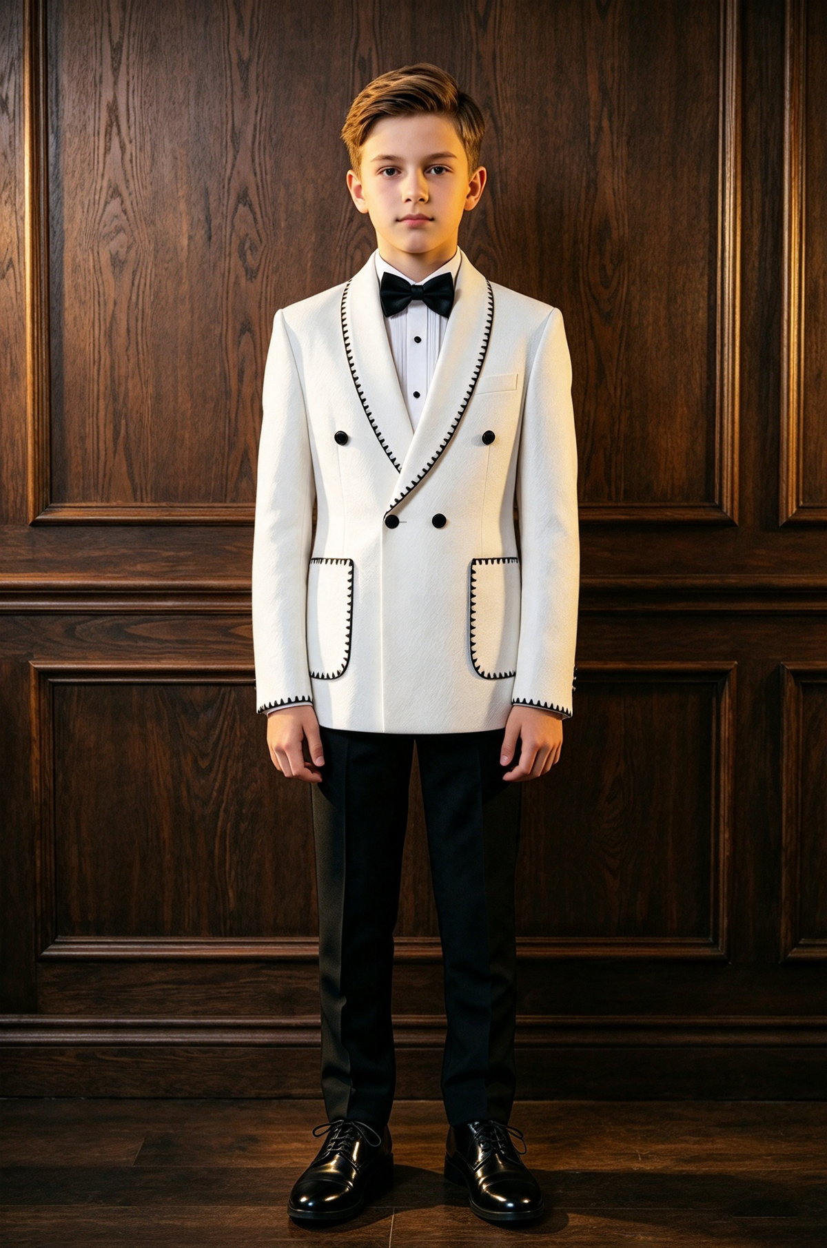 White & Black Trim Double Breasted 2 Piece Suit Set