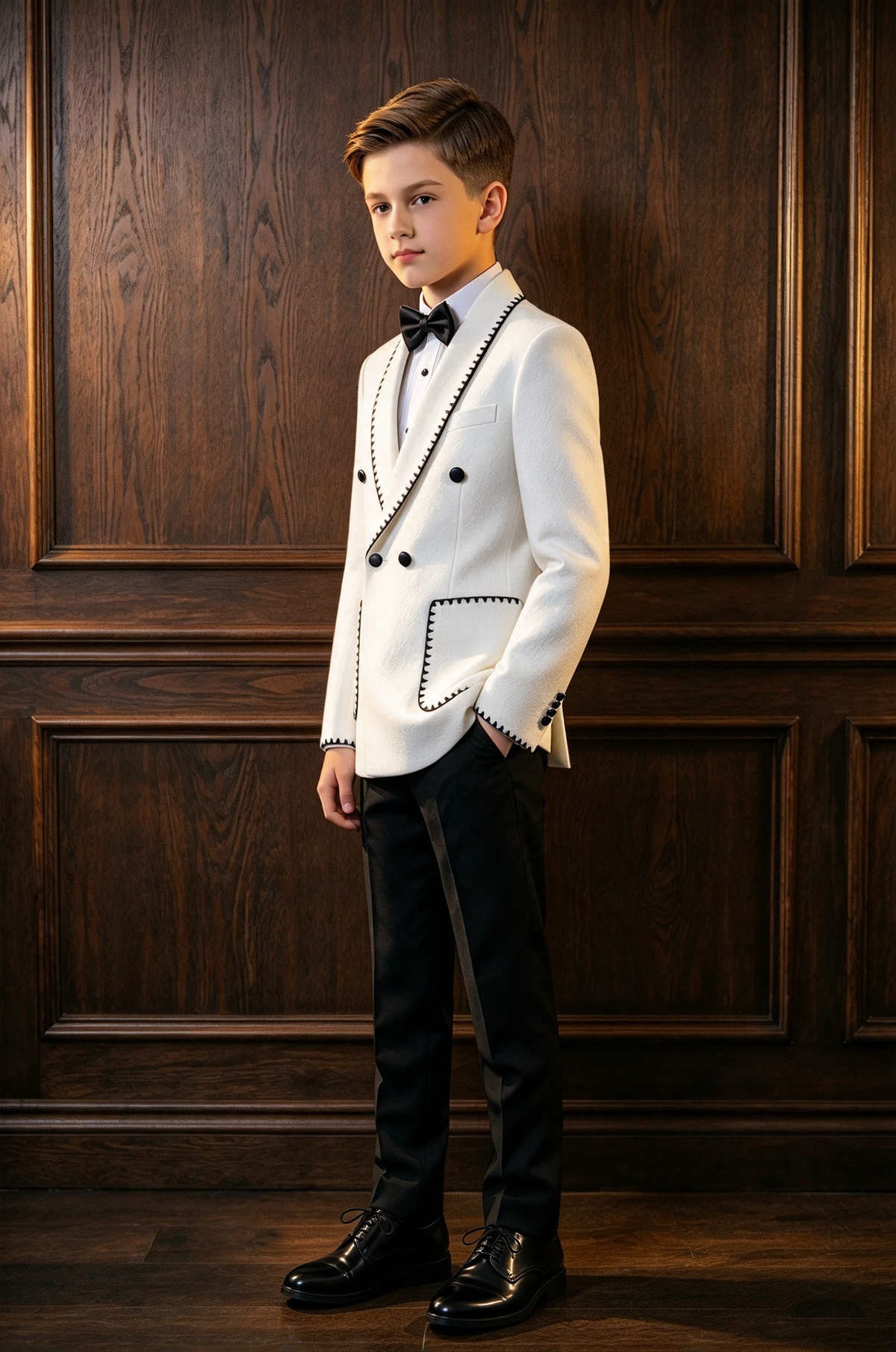 White & Black Trim Double Breasted 2 Piece Suit Set