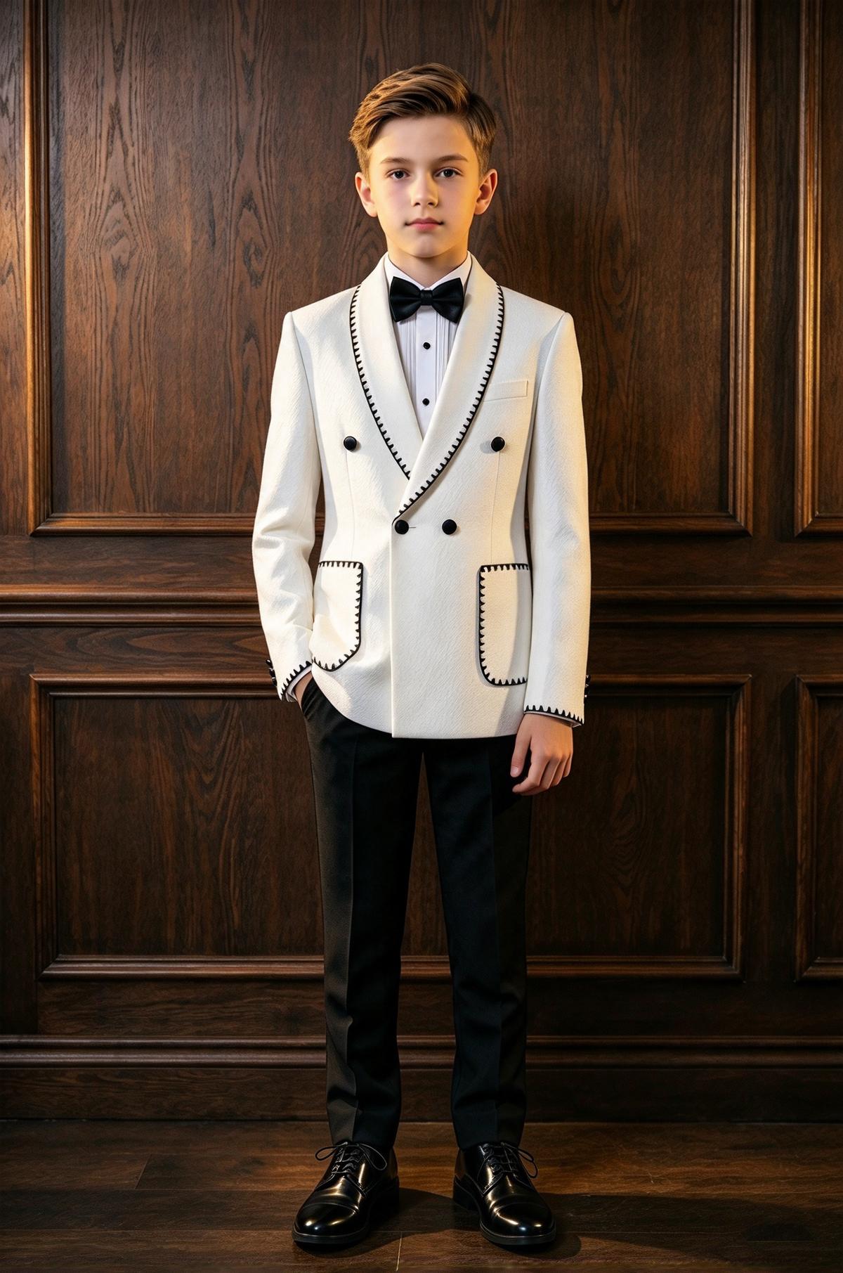 White & Black Trim Double Breasted 2 Piece Suit Set