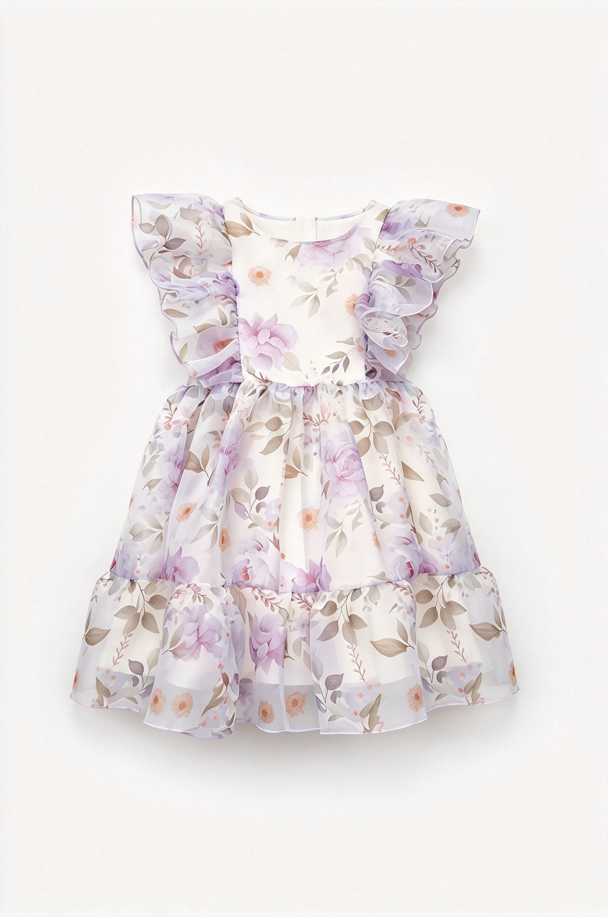 Light Pink Floral Print Chiffon Ruffle Sleeve A-Line Dress