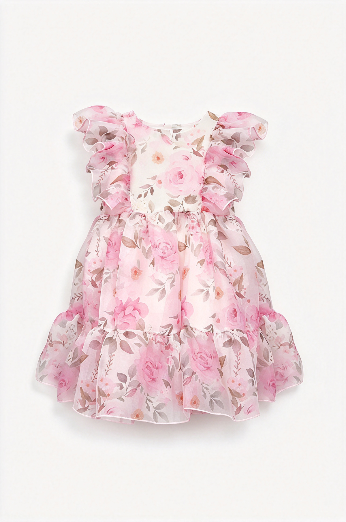 Light Pink Floral Print Chiffon Ruffle Sleeve A-Line Dress