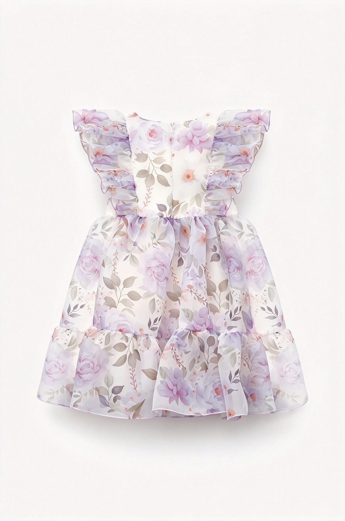 Light Pink Floral Print Chiffon Ruffle Sleeve A-Line Dress