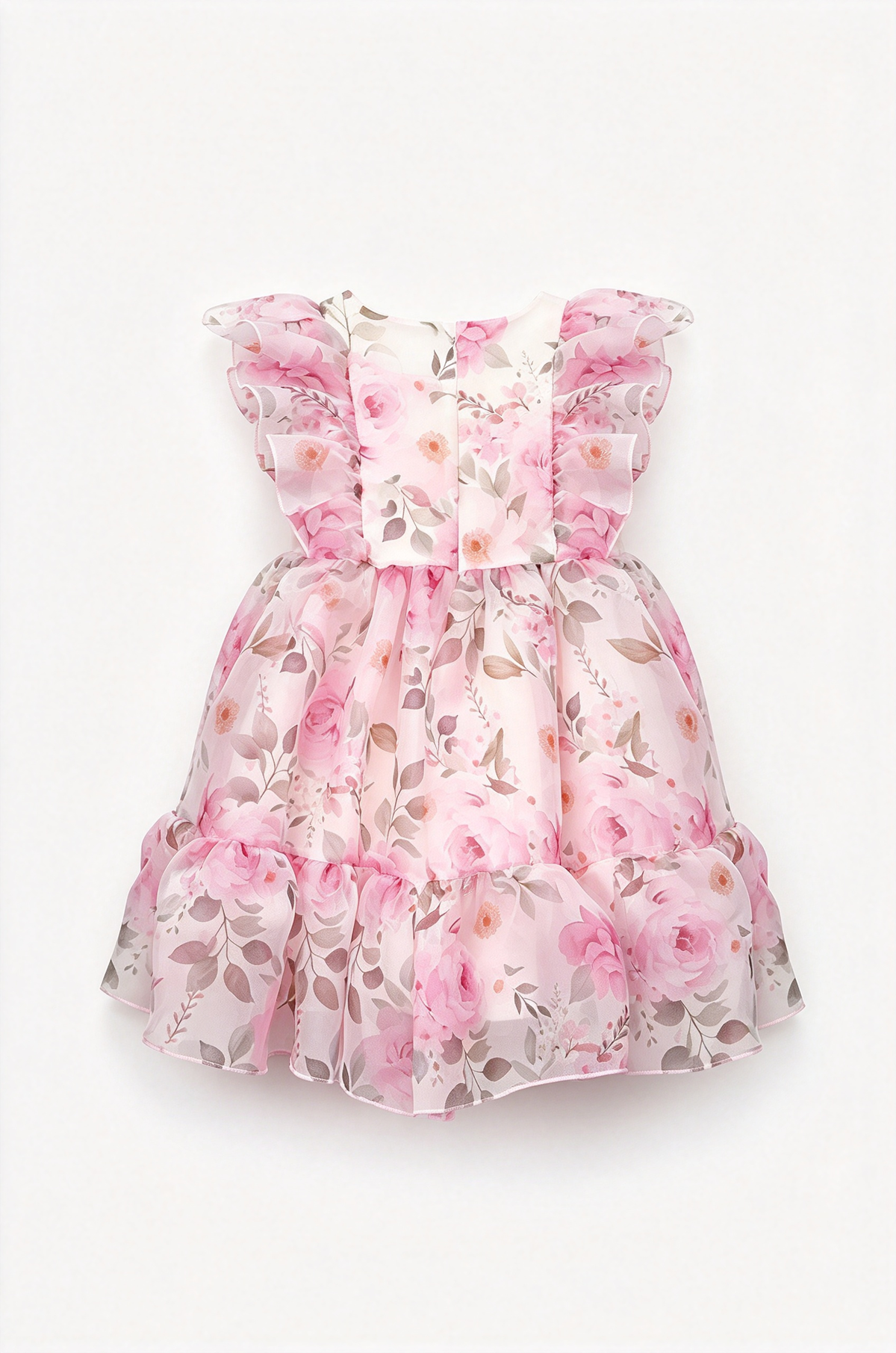 Light Pink Floral Print Chiffon Ruffle Sleeve A-Line Dress