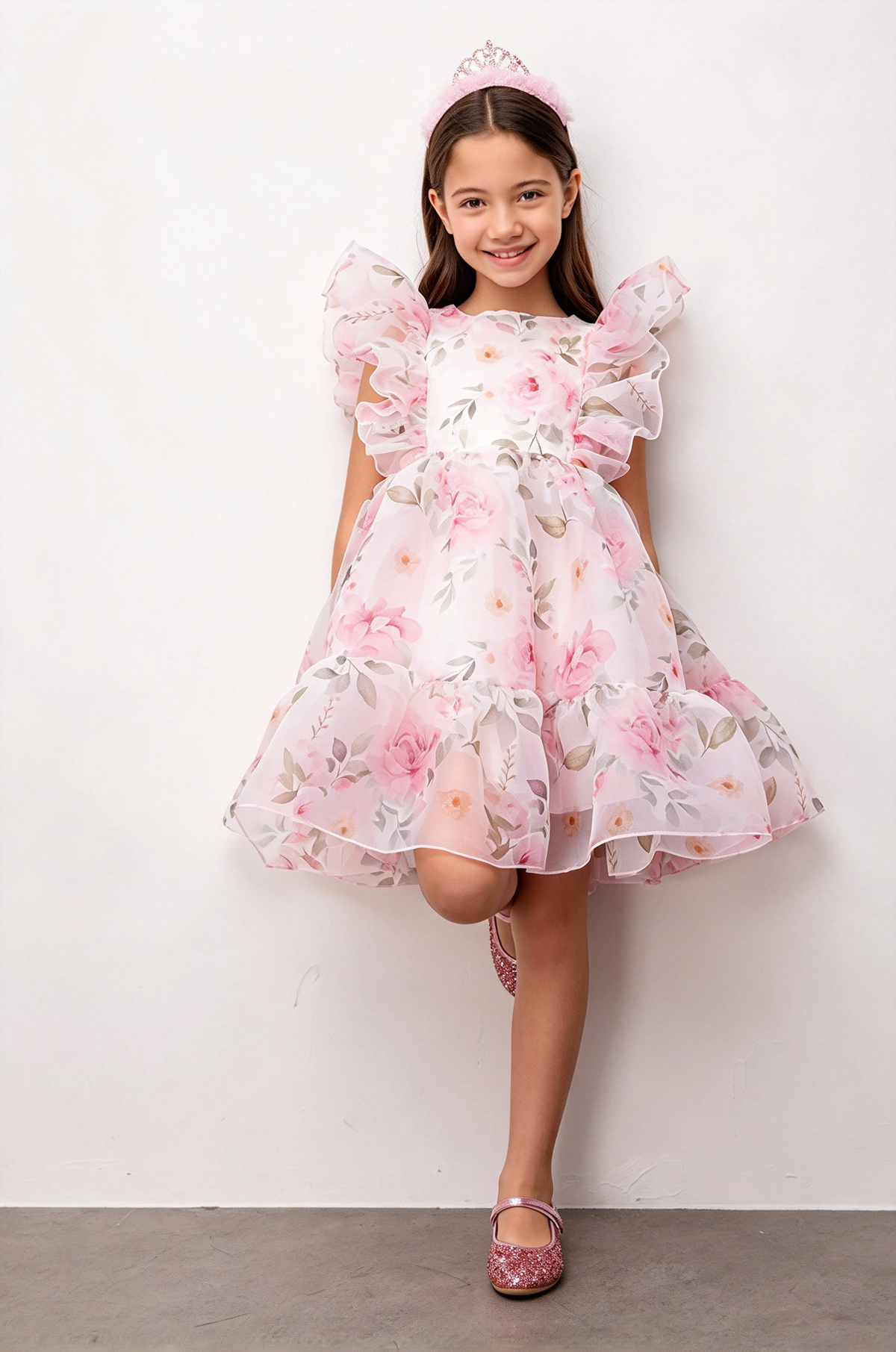 Light Pink Floral Print Chiffon Ruffle Sleeve A-Line Dress