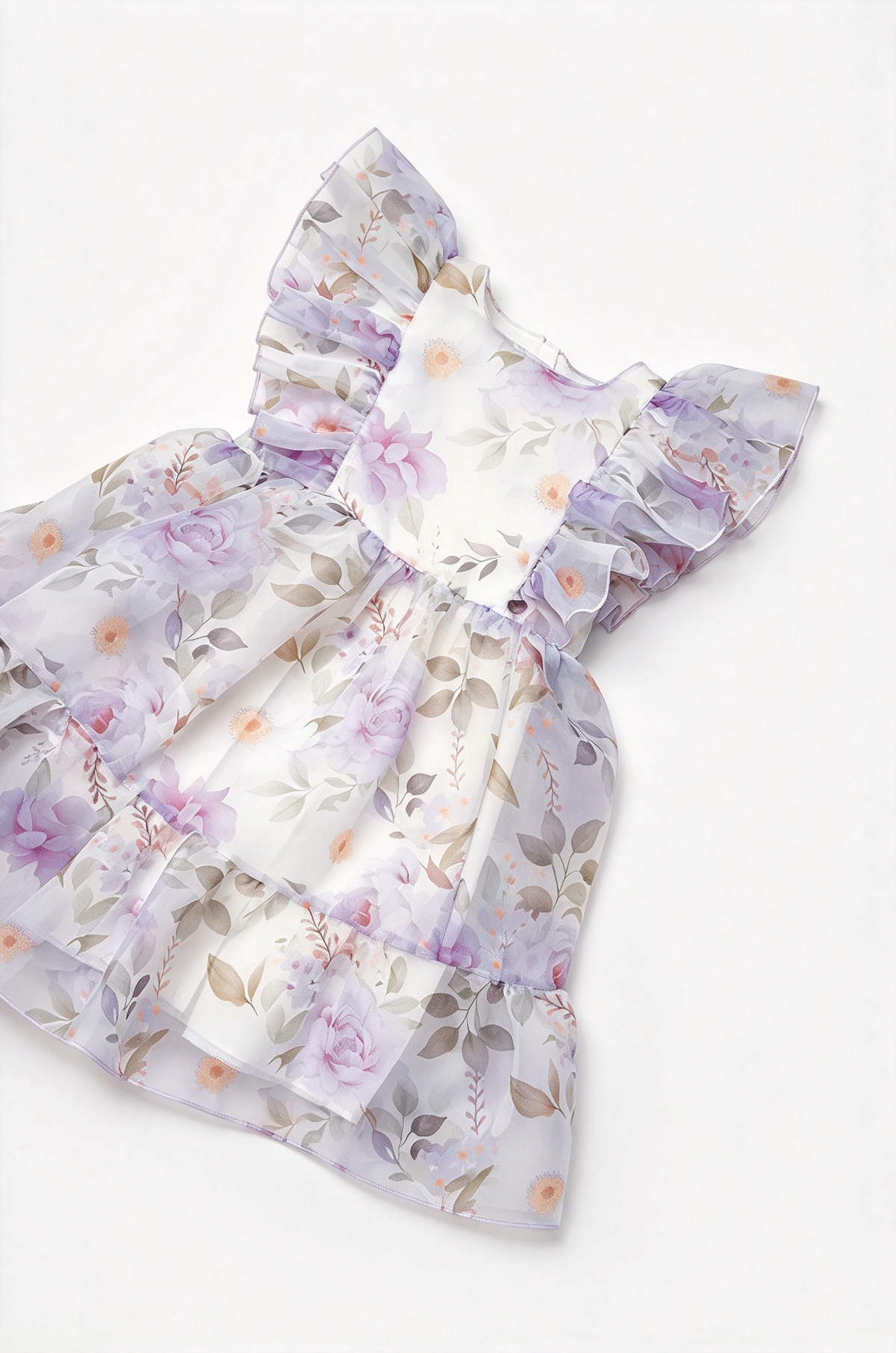 Light Pink Floral Print Chiffon Ruffle Sleeve A-Line Dress