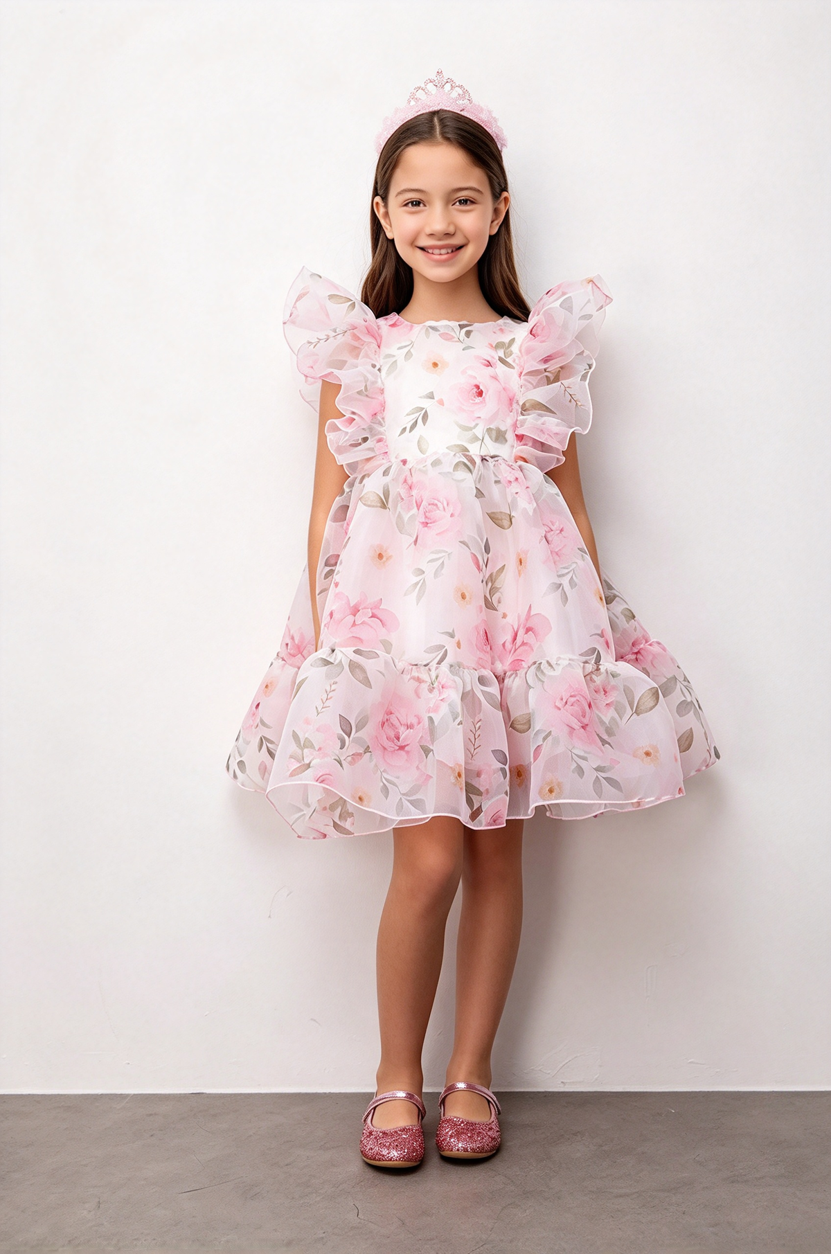 Light Pink Floral Print Chiffon Ruffle Sleeve A-Line Dress