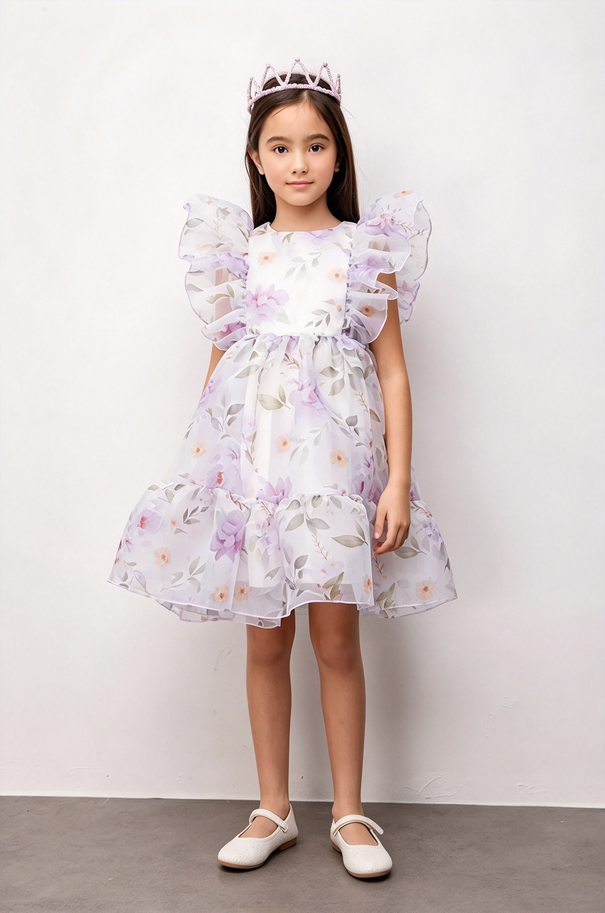 Light Pink Floral Print Chiffon Ruffle Sleeve A-Line Dress