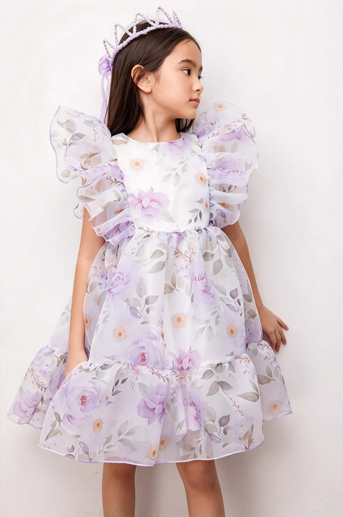 Light Pink Floral Print Chiffon Ruffle Sleeve A-Line Dress