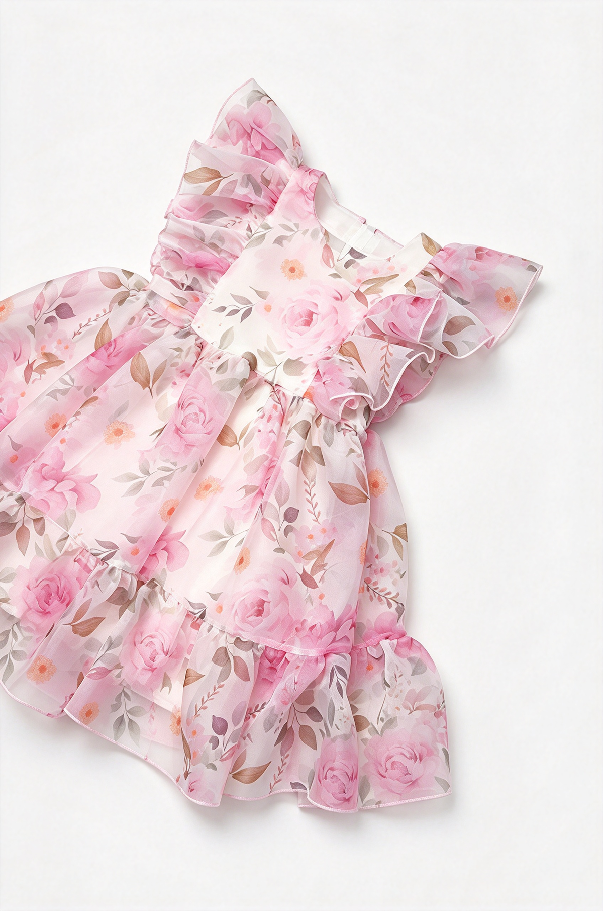 Light Pink Floral Print Chiffon Ruffle Sleeve A-Line Dress