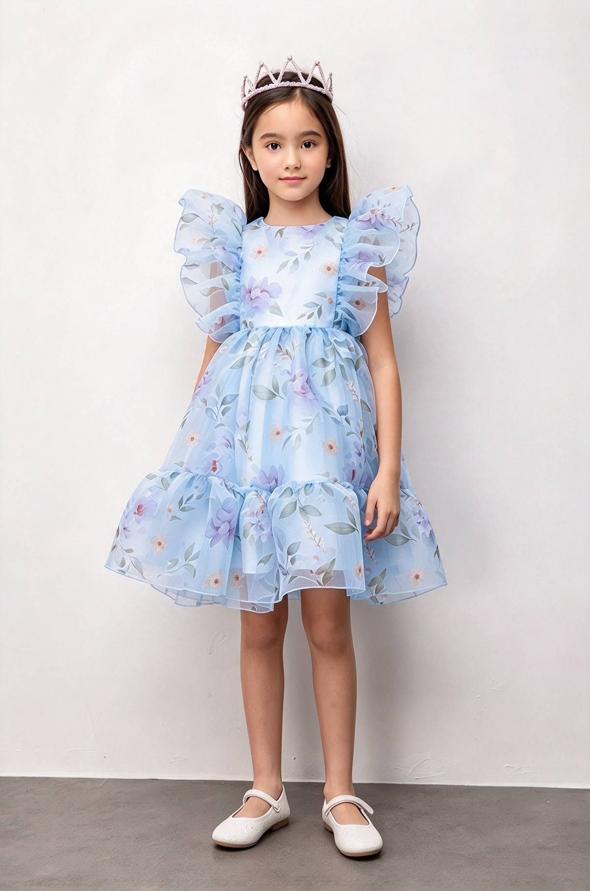 Light Pink Floral Print Chiffon Ruffle Sleeve A-Line Dress