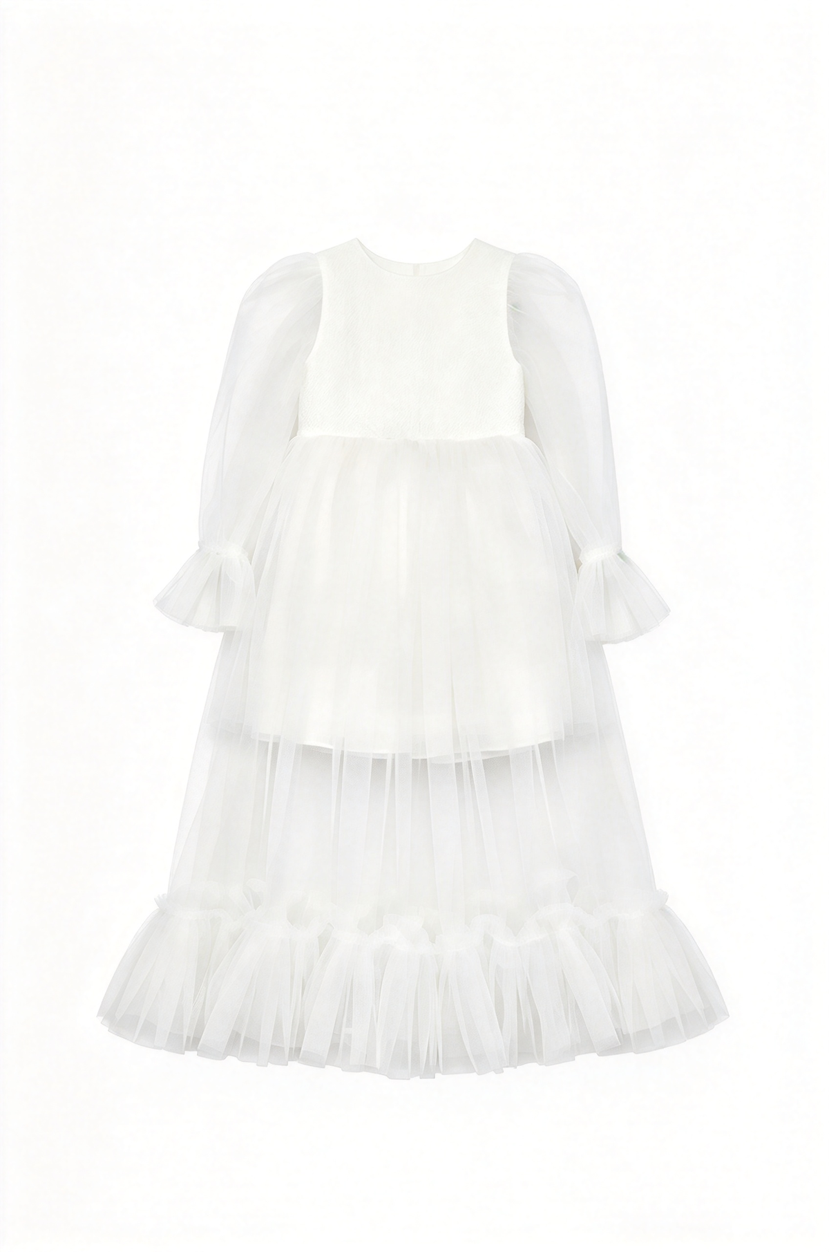White Girls Long Sleeve Tulle Puff Sleeve A-Line Flower Girl Dress