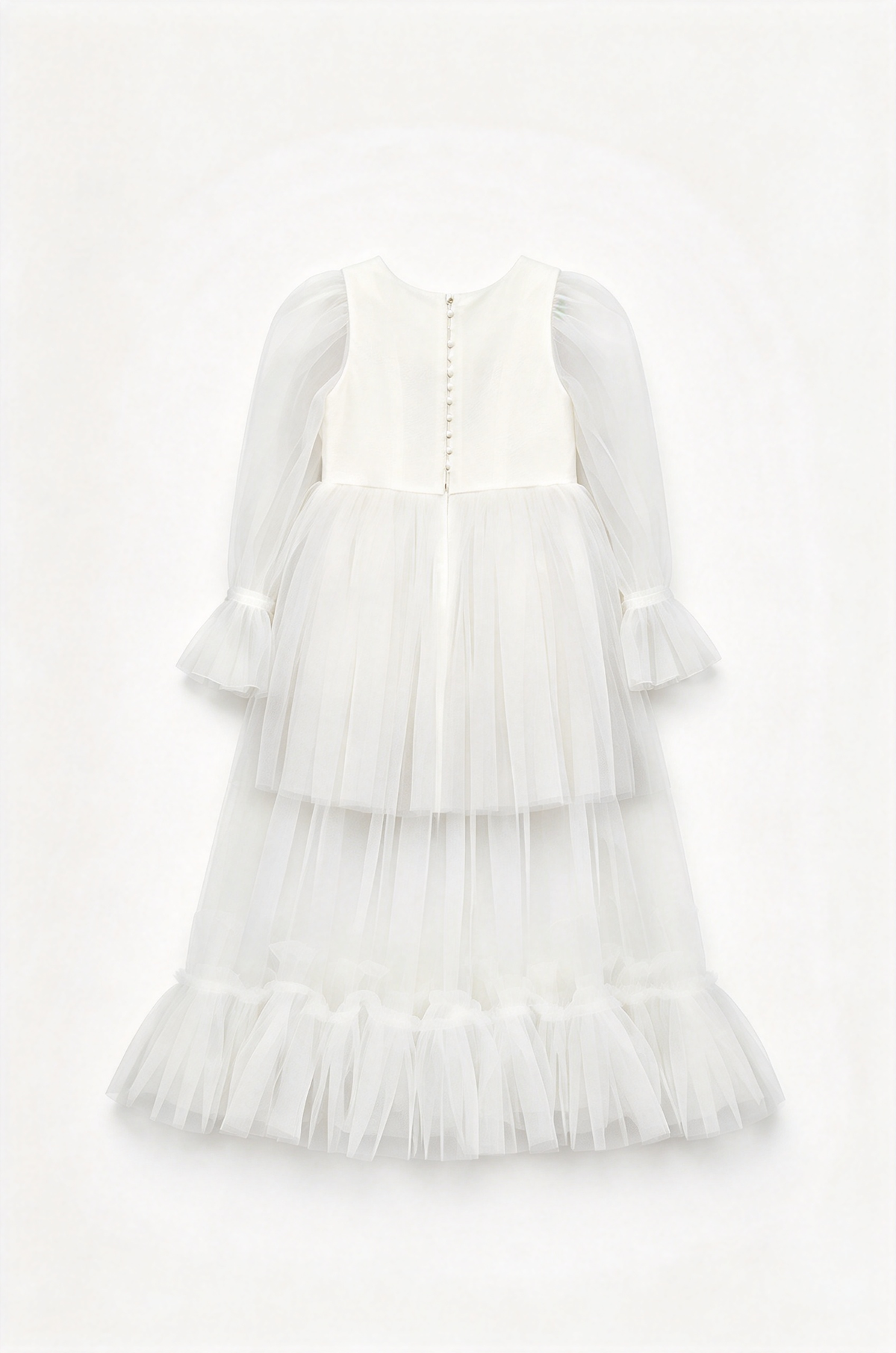 White Girls Long Sleeve Tulle Puff Sleeve A-Line Flower Girl Dress