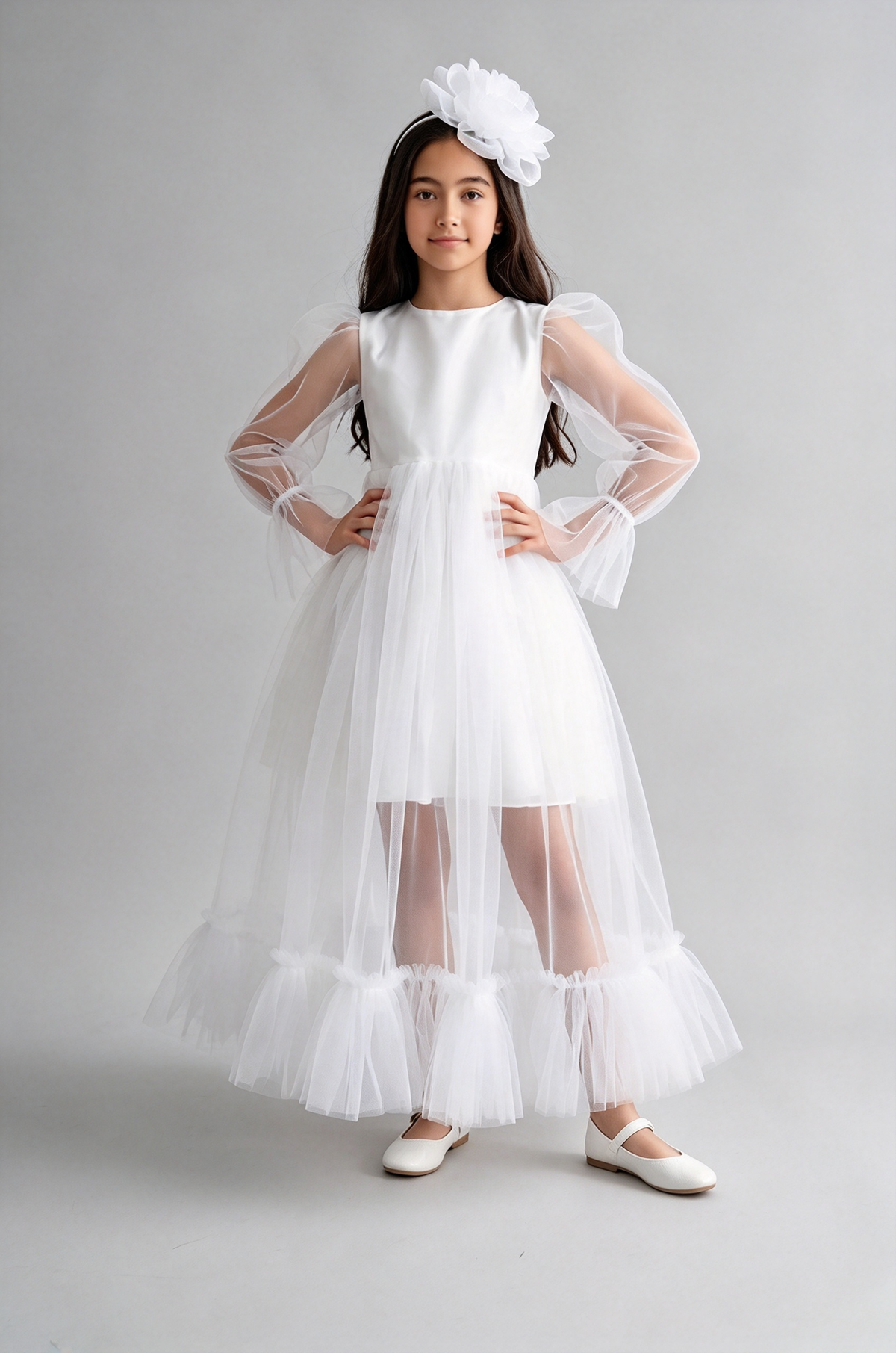 White Girls Long Sleeve Tulle Puff Sleeve A-Line Flower Girl Dress
