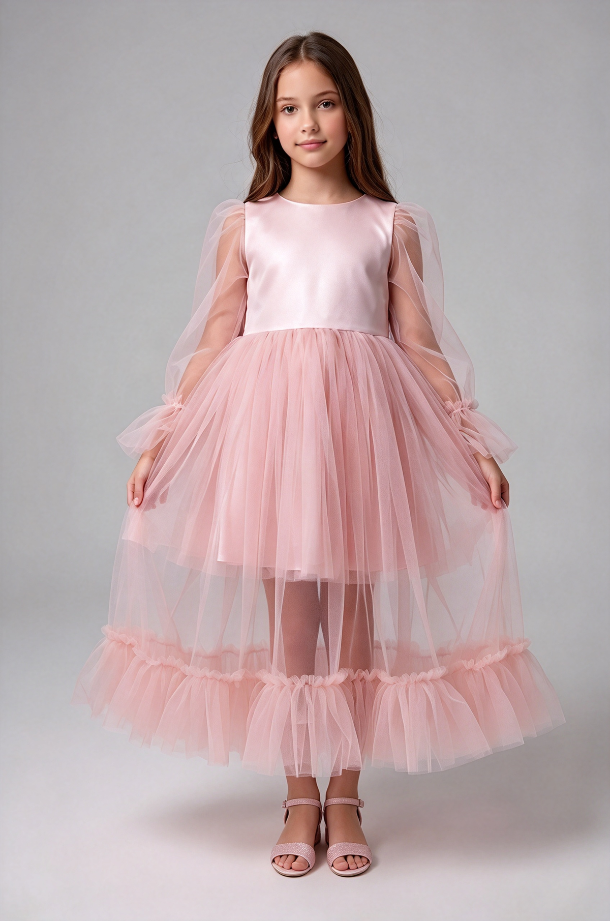 White Girls Long Sleeve Tulle Puff Sleeve A-Line Flower Girl Dress