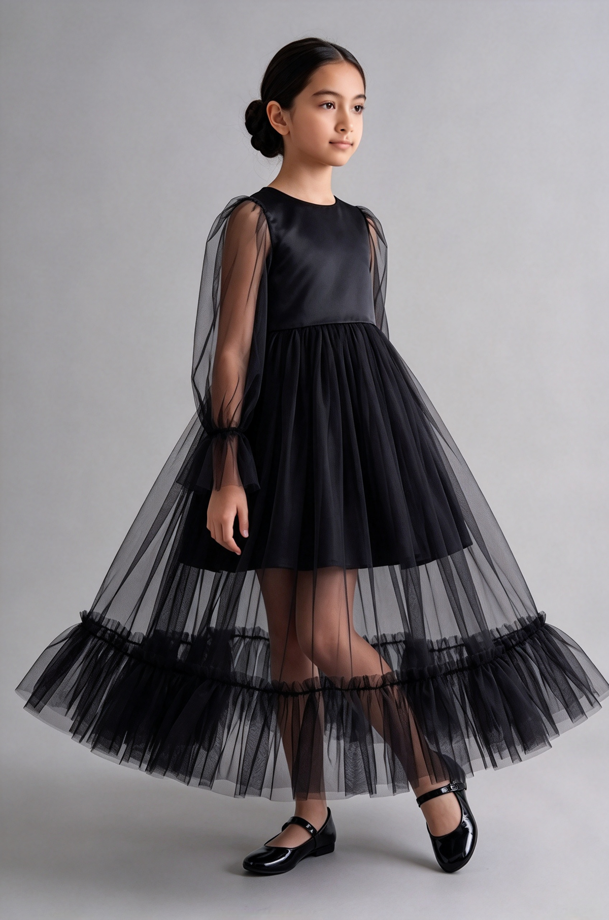 White Girls Long Sleeve Tulle Puff Sleeve A-Line Flower Girl Dress