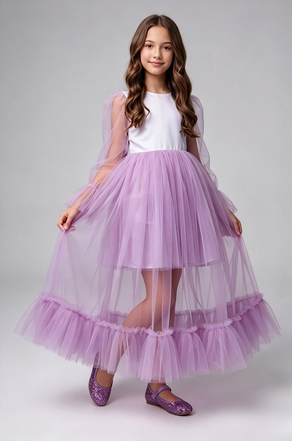 White Girls Long Sleeve Tulle Puff Sleeve A-Line Flower Girl Dress