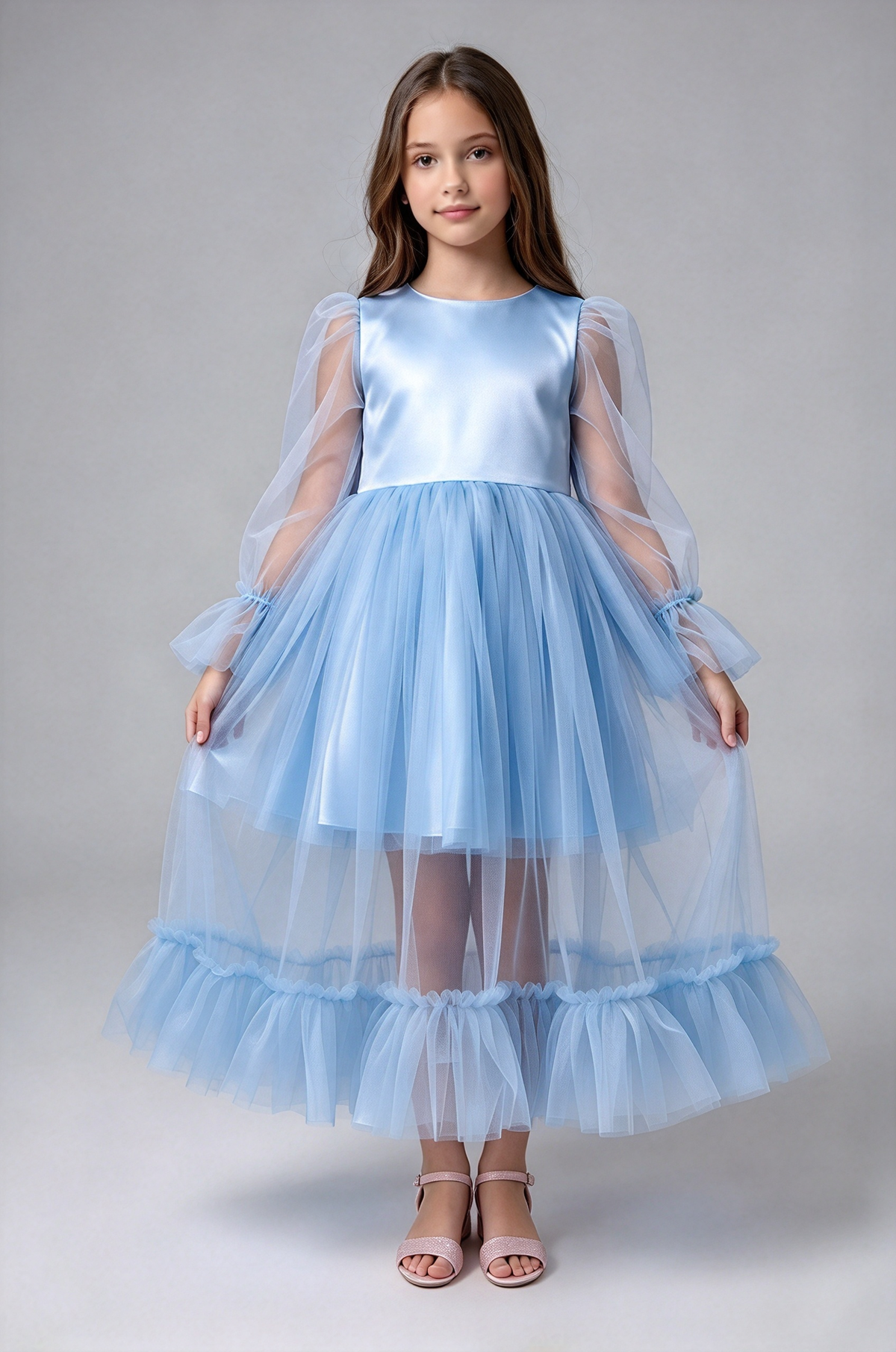 White Girls Long Sleeve Tulle Puff Sleeve A-Line Flower Girl Dress
