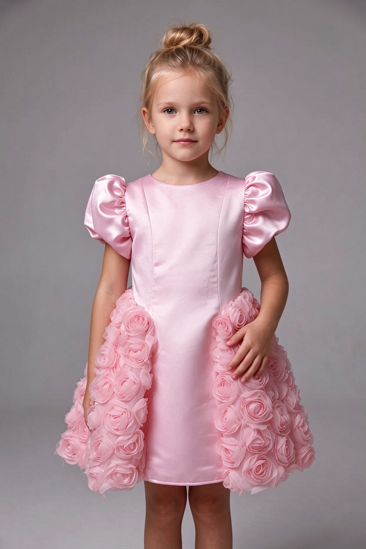 Pink Girls Satin Puff Sleeve 3D Rose A-Line Flower Girl Dress