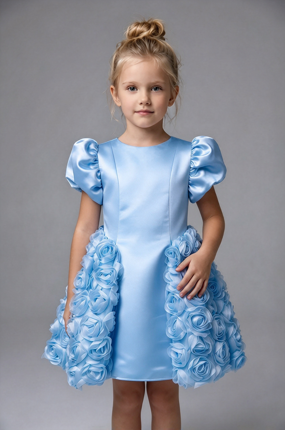 Pink Girls Satin Puff Sleeve 3D Rose A-Line Flower Girl Dress