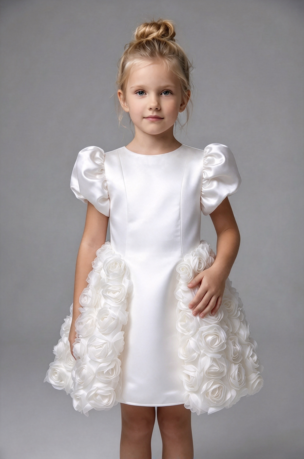 Pink Girls Satin Puff Sleeve 3D Rose A-Line Flower Girl Dress