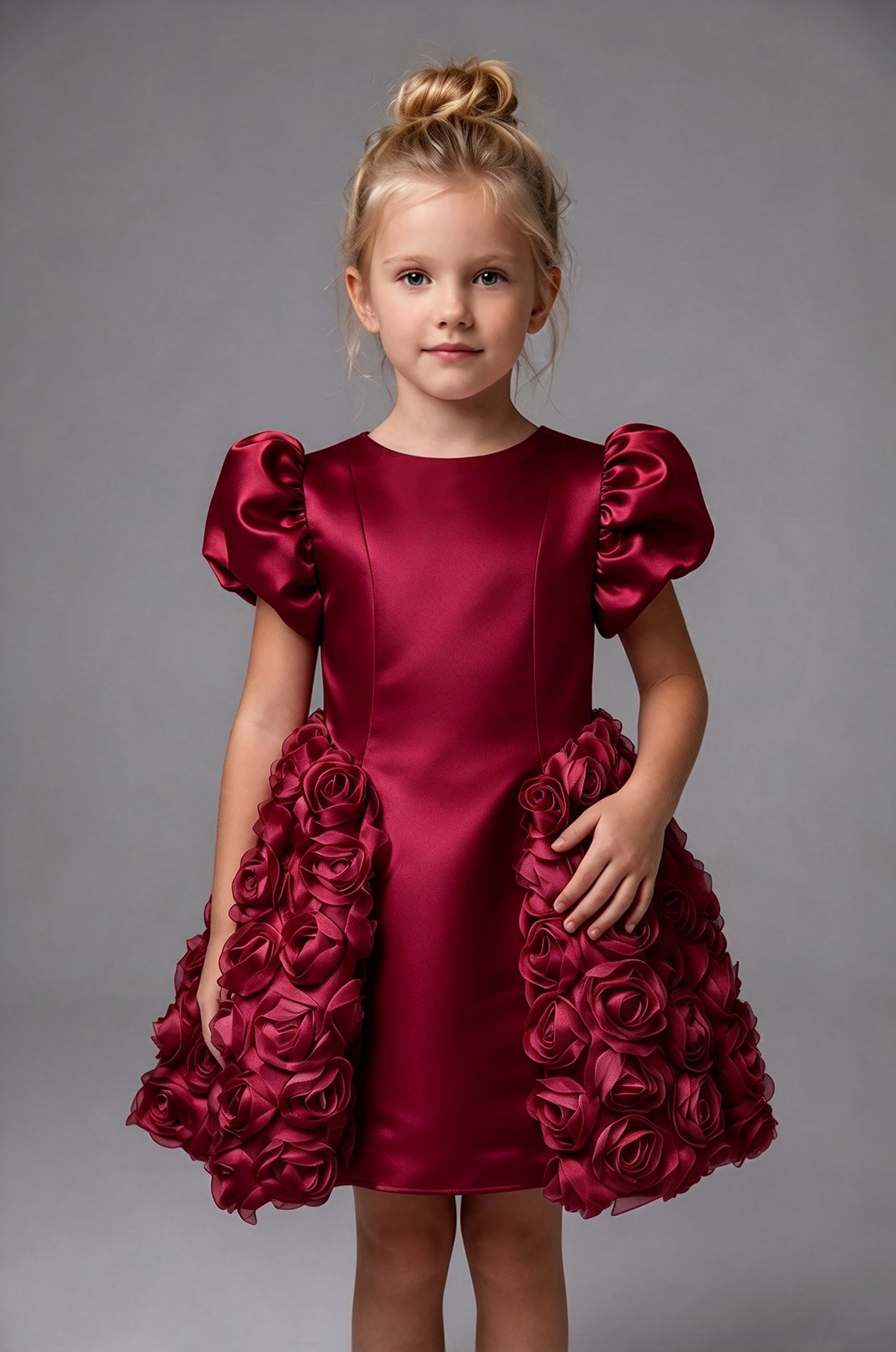 Pink Girls Satin Puff Sleeve 3D Rose A-Line Flower Girl Dress