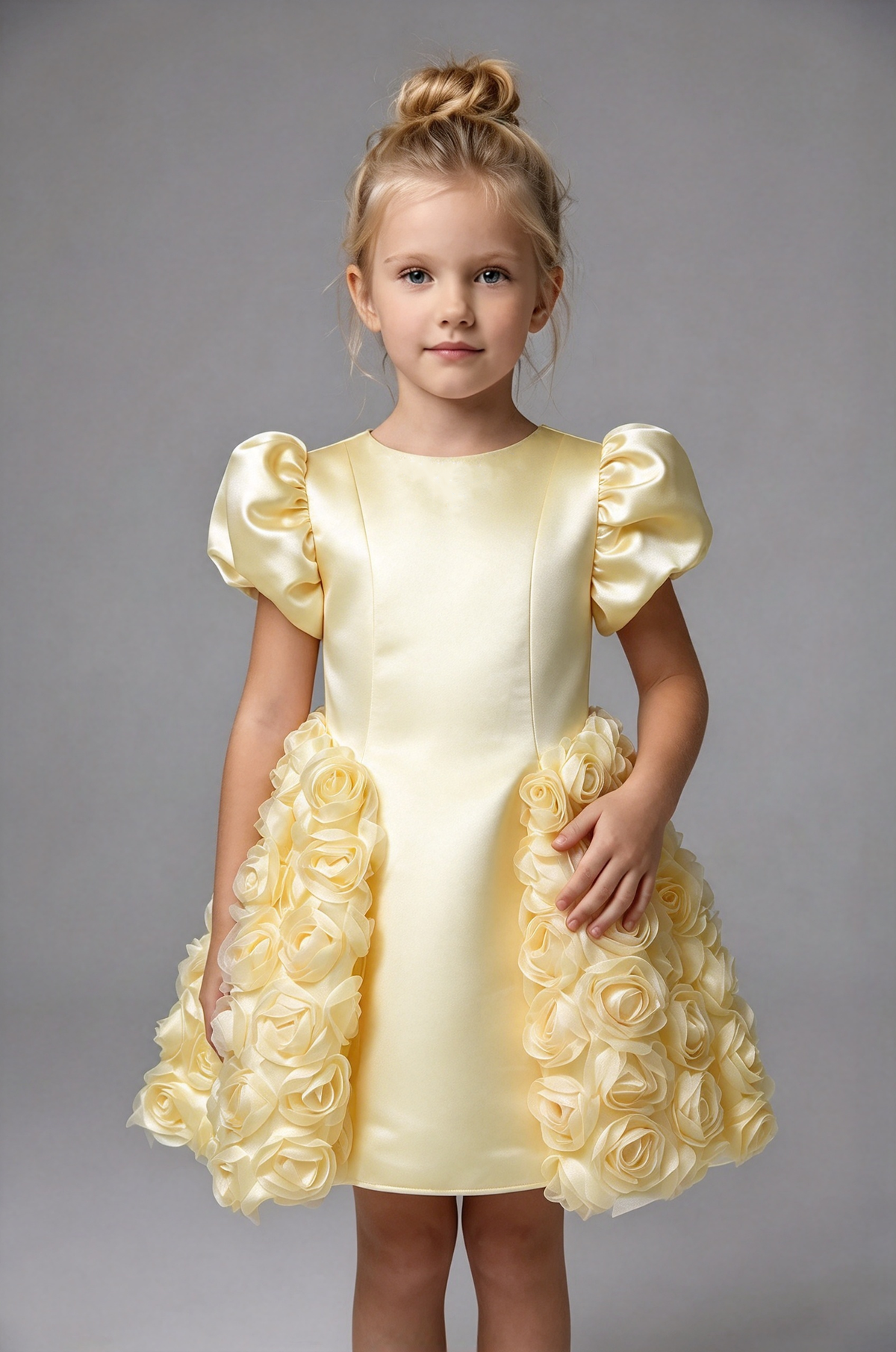 Pink Girls Satin Puff Sleeve 3D Rose A-Line Flower Girl Dress