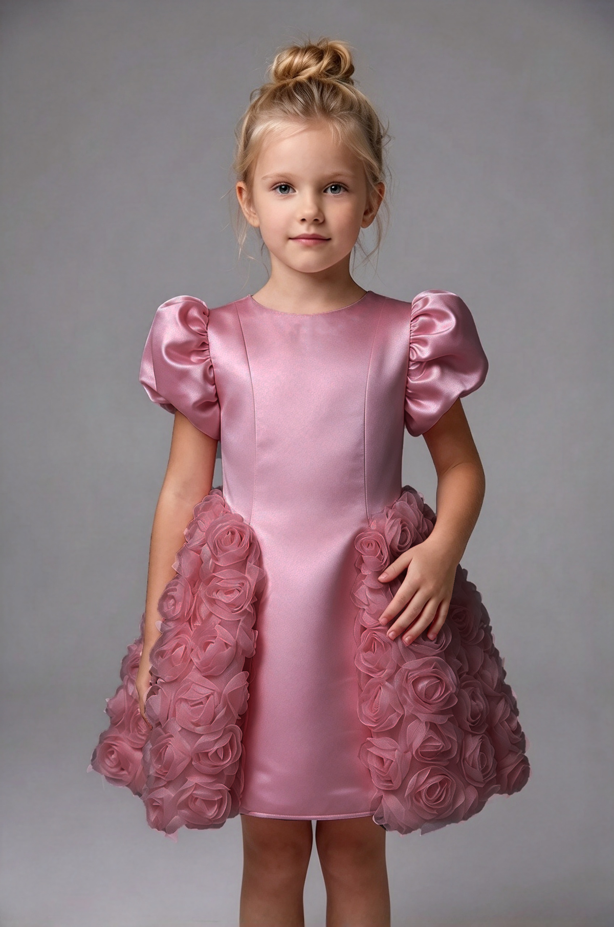 Pink Girls Satin Puff Sleeve 3D Rose A-Line Flower Girl Dress