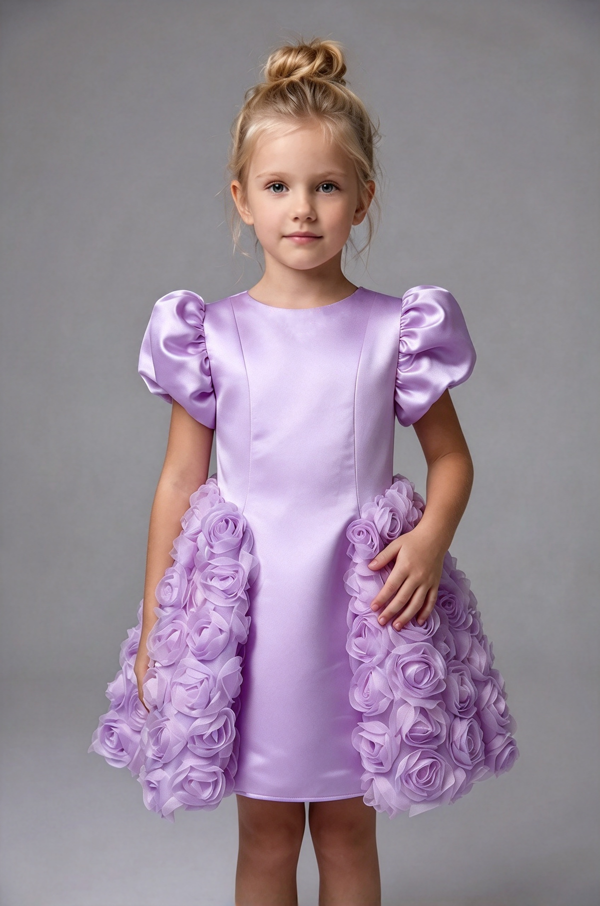 Pink Girls Satin Puff Sleeve 3D Rose A-Line Flower Girl Dress