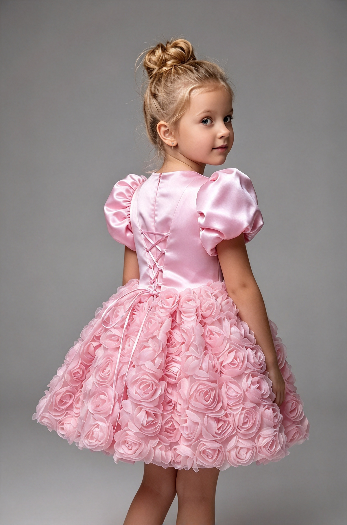 Pink Girls Satin Puff Sleeve 3D Rose A-Line Flower Girl Dress