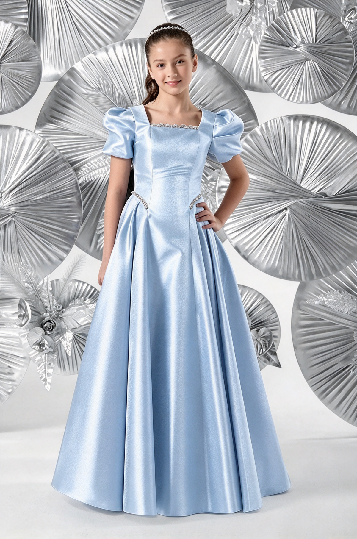 Light Blue Girls Satin Puff Sleeve A-Line Flower Girl Dress