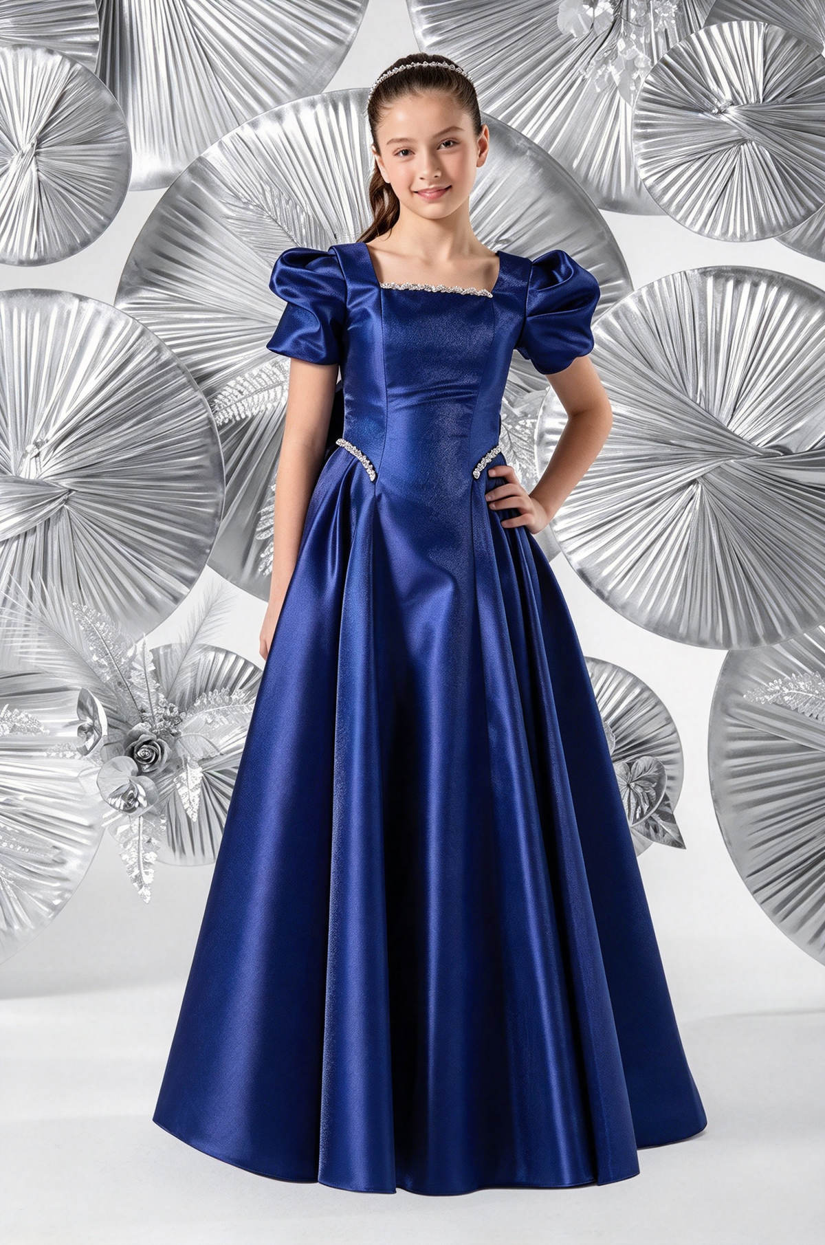 Light Blue Girls Satin Puff Sleeve A-Line Flower Girl Dress