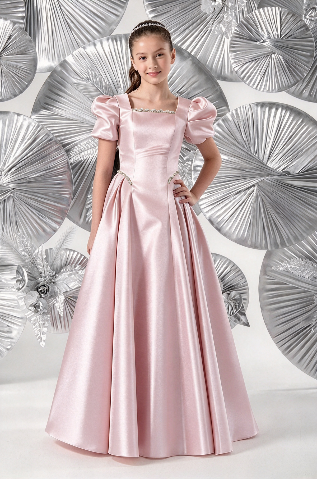 Light Blue Girls Satin Puff Sleeve A-Line Flower Girl Dress