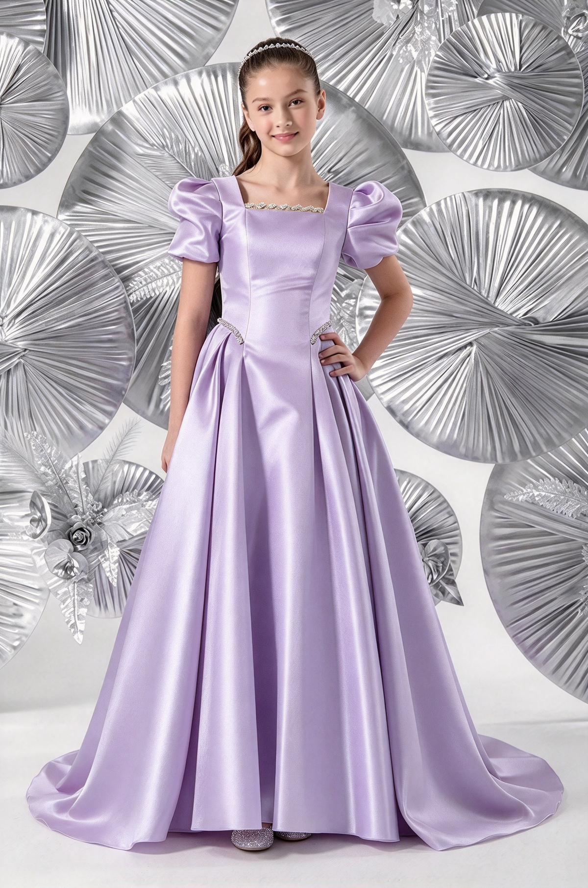 Light Blue Girls Satin Puff Sleeve A-Line Flower Girl Dress