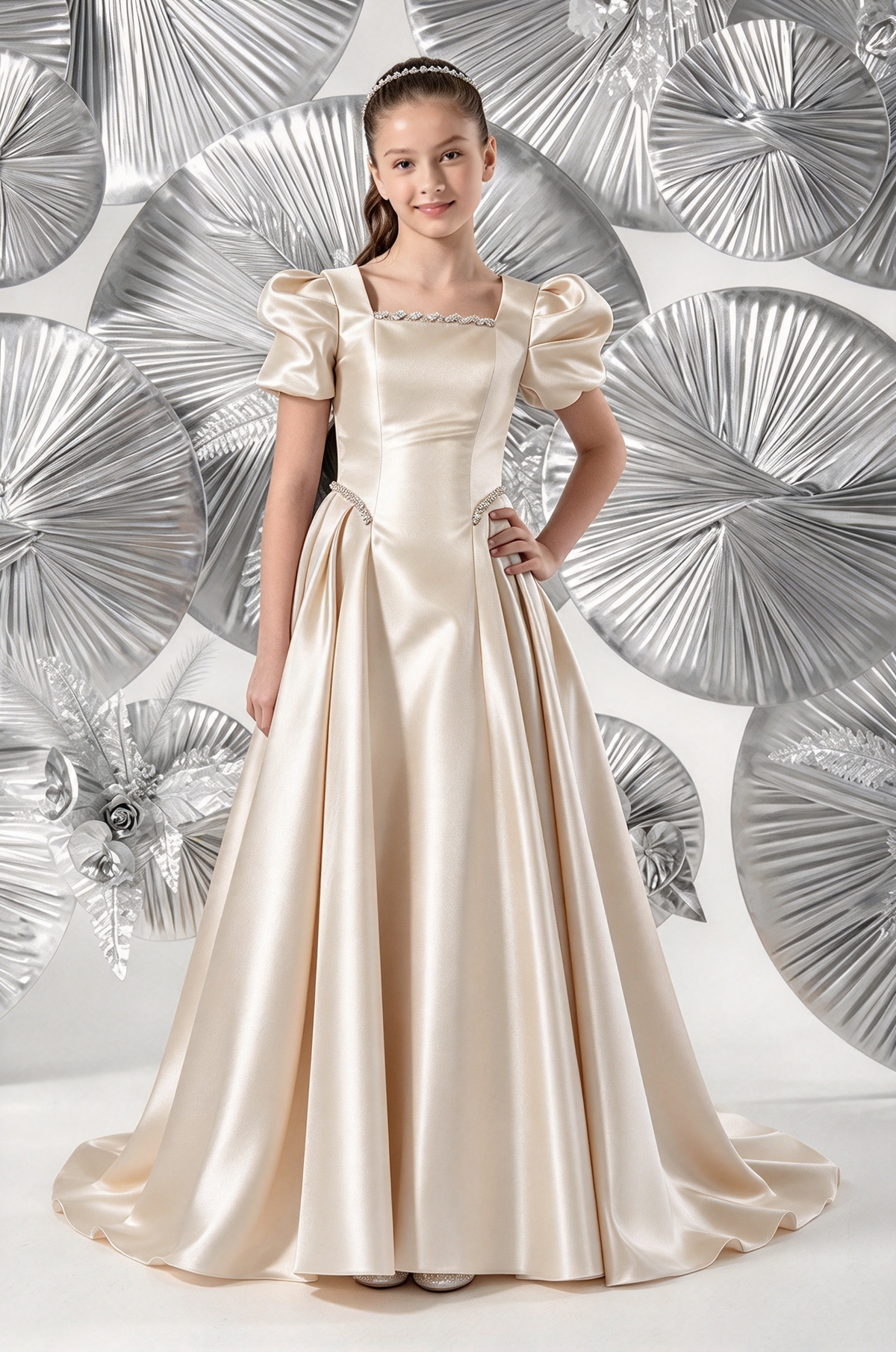 Light Blue Girls Satin Puff Sleeve A-Line Flower Girl Dress