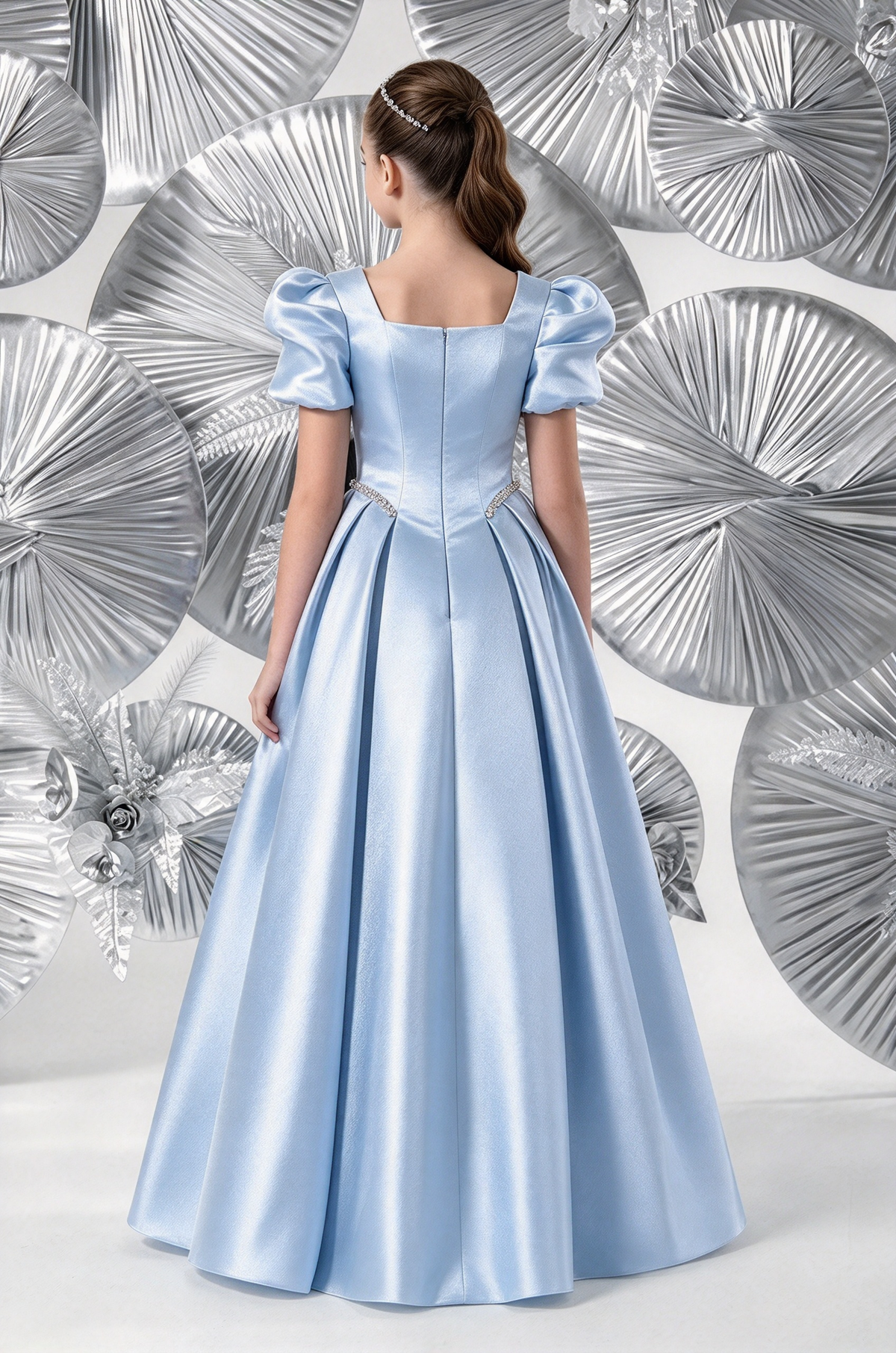 Light Blue Girls Satin Puff Sleeve A-Line Flower Girl Dress
