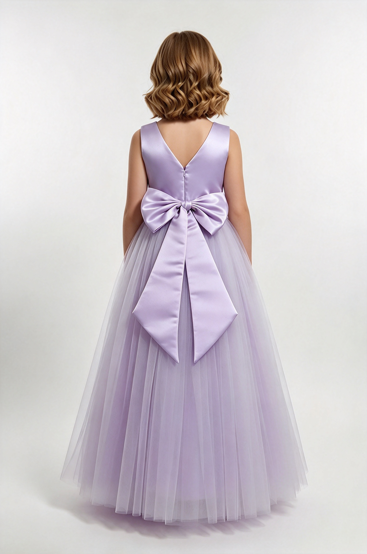 Lavender Girls Satin Tulle V-Neck 3D Rose A-Line Flower Girl Dress